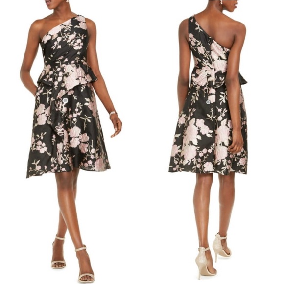 Adrianna Papell Dresses & Skirts - NWT Adrianna Papell Jacquard One Shoulder Knee Length Dress, Black/Pink. Size 10